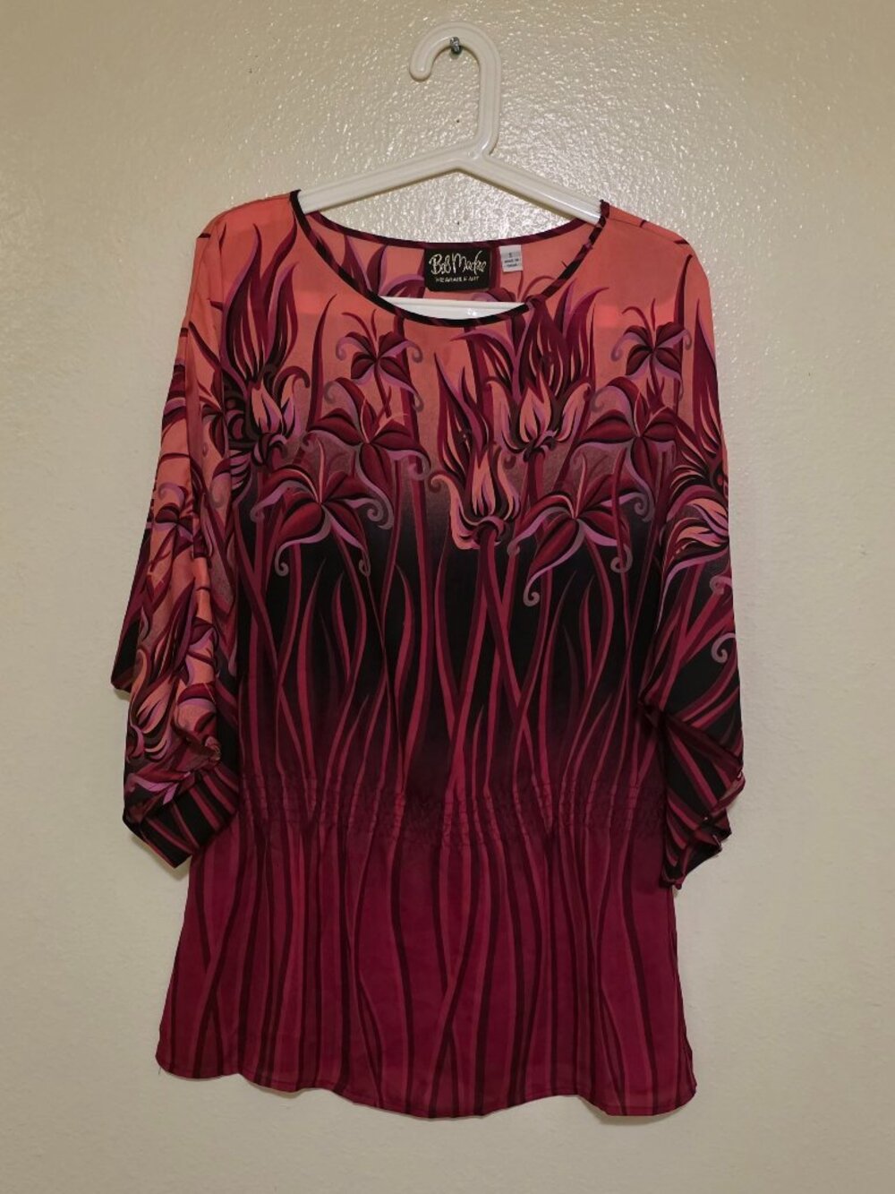 Vintage Women's BOB MACKIE Wearable Art Floral Dolman Sleeve Tunic Sz Small EUC